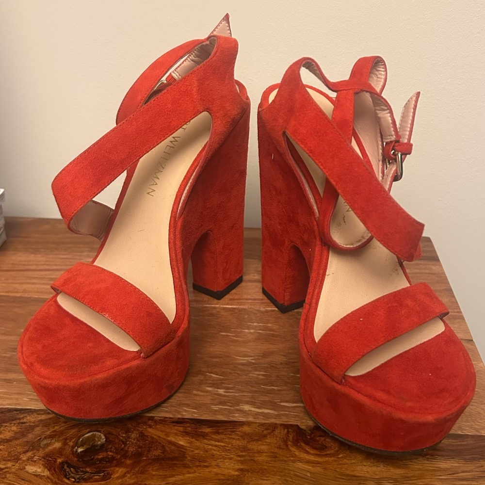 Stuart Weirtzman red suede open toe high heel platform wedge pumps